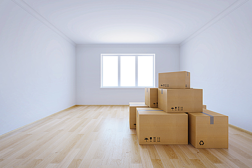 moving boxes at a new home, 3d rendering