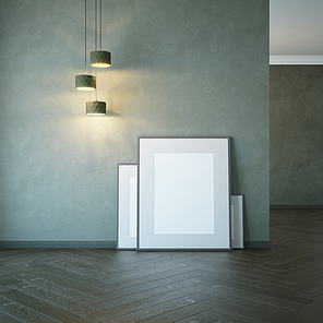 empty room with light and blank pictures, 3d rendering