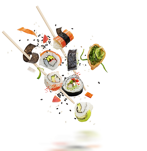 sushi rolls and ingredients with wooden chopsticks isolated on white