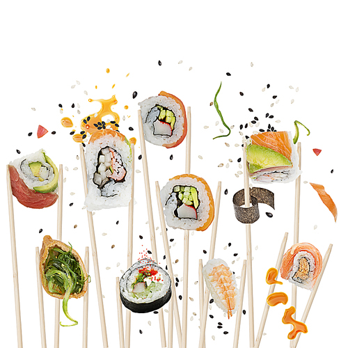 sushi rolls and ingredients with wooden chopsticks isolated on white