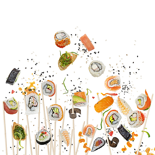 sushi rolls and ingredients with wooden chopsticks isolated on white