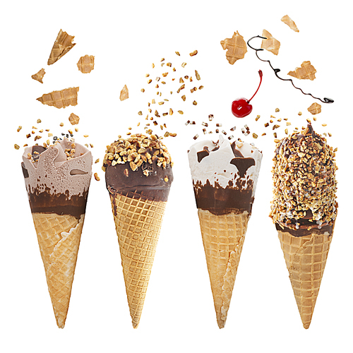 Various of ice cream flavor in cones isolated on white
