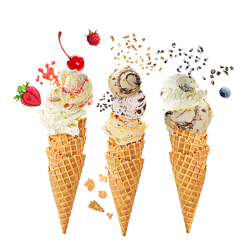 Variety of ice cream scoops in cones with chocolate, vanilla and strawberry isolated on white