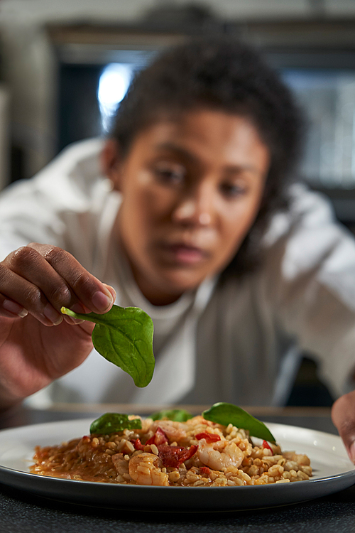 Female Chef Garnishing Plate Of Food In Professional Kitchen