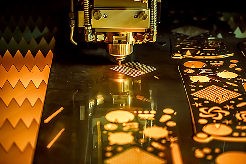 CNC Laser cutting of metal modern industrial technology. Laser cutting works by directing the output of a high-power laser through optics. Laser optics and CNC computer numerical control.