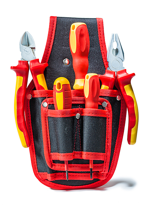 tools with red yellow handles in small tool belt isolated