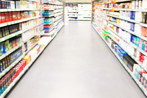 Market shop or supermarket interior as blurred store background