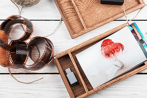 Wooden photo box with wedding photo for Wedding Day. Romantic love, and wedding day concept.