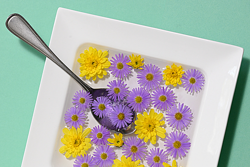 Abstract Plate dish with autumn flowers on green background
