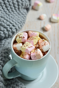 Hot chocolate with marshmallows and winter scarf