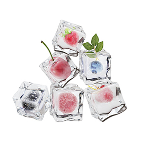 Different berries in ice cubes on white background