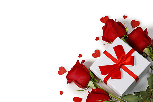 Valentines day hearts, red rose flowers and gift box isolated on white