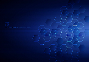 Abstract blue hexagons with nodes digital geometric and lines and dots dark blue background with horizontal light. Technology connection concept. Vector illustration