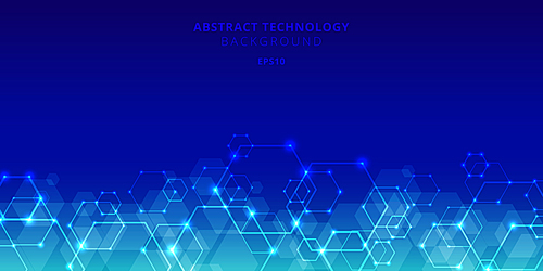 abstract technology hexagons genetic and social network  on blue background. future geometric template elements hexagon with glow nodes. business presentation for your design with space for text. vector illustration