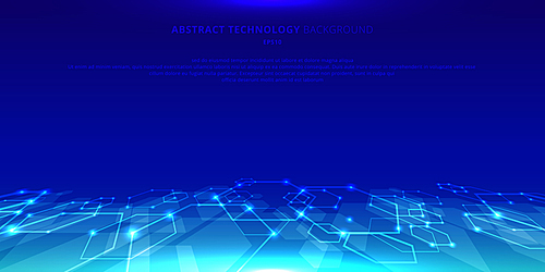 Abstract technology hexagons genetic and social network pattern perspective on blue background. Future geometric template elements hexagon with glow nodes. Business presentation for your design with space for text. Vector illustration