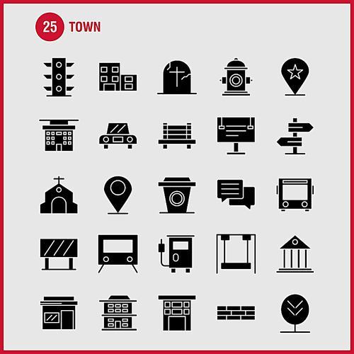 Town Solid Glyph Icons Set For Infographics, Mobile UX/UI Kit And Print Design. Include: Location, Map, Town, Church, House, Town, Park, Playground, Icon Set - Vector
