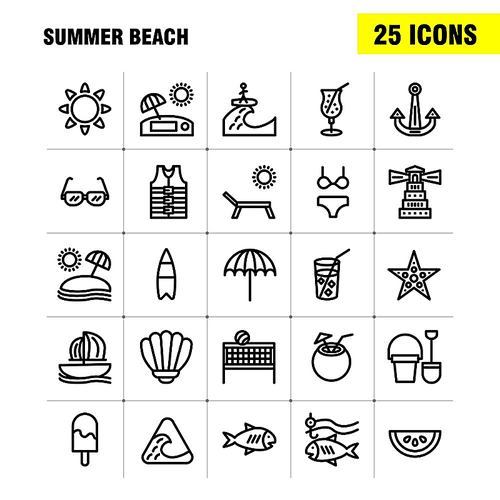 Beach Line Icon Pack For Designers And Developers. Icons Of Fish, Sea, Star, Starfish, Coconut, Fruit, Tropical, Beach, Vector