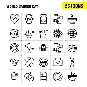 World Cancer Day Line Icons Set For Infographics, Mobile UX/UI Kit And Print Design. Include: Hands, Ribbon, Love, Romantic, Report, Love, Romantic, Valentine, Icon Set - Vector