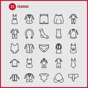 Fashion Line Icons Set For Infographics, Mobile UX/UI Kit And Print Design. Include: Shirt, Garments, Cloths, Dress, Ladies Cloths, Garments, Cloths, Collection Modern Infographic Logo and Pictogram. - Vector