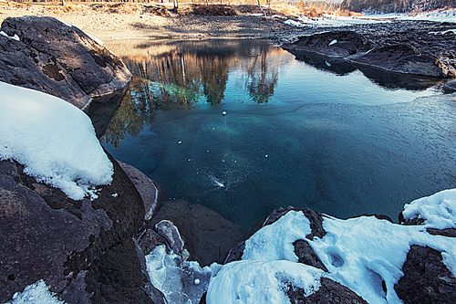 Crystal pure water of blue lake in Altai mountains