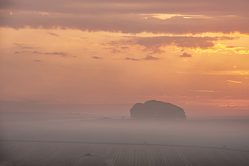 Beautiful Summer sunrise landscape image over English countryside with mist hanging in fields