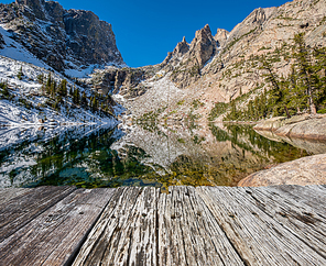 Emerald Lake and reflection with rocks and mountains in snow around at autumn. Rocky Mountain National Park in Colorado, USA.