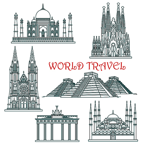 World travel and architecture landmark thin line icons with Taj Mahal and Brandenburg Gate, Hagia Sophia and Sagrada Familia, Burgos Cathedral and El Castillo. For travel, tourism, sightseeing themes design