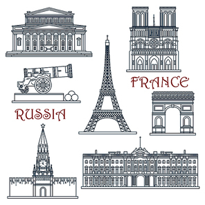 Travel landmarks of Russia and France with Eiffel Tower and Notre Dame Cathedral, Red Square and Kremlin wall with clock tower, Arc de Triumph, Big Theater, Winter Palace and Big Cannon. Thin line style building icons