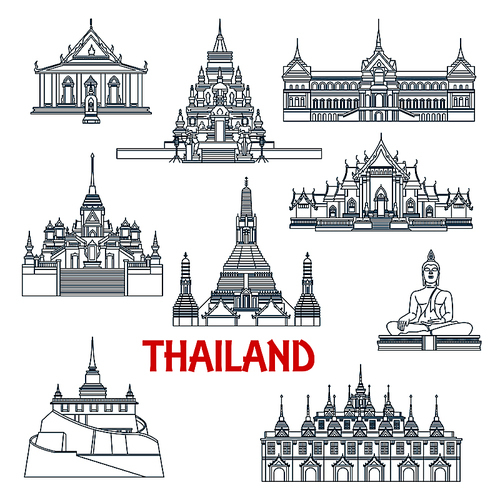 Architecture travel landmarks in thin line style of Thailand with Grant Palace and Big Buddha temple, White and Marble temples, Wat Saket temple and Laem Sor pagoda, Wat Sattahip, temple of dawn and temple of Golden Buddha