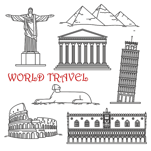 Famous architectural landmarks for travel design with thin line icons of italian leaning tower of Pisa, roman Colosseum and venetian Doge palace, egyptian Giza pyramids complex with great Sphinx, Christ the Redeemer in Brazil and ancient greek temple Parthenon