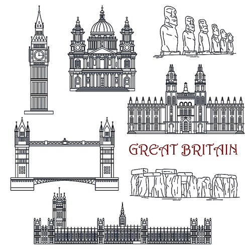 Linear architecture and historical landmarks of Great Britain and Chile for travel and tourism design with thin line icons of Big Ben, Stonehenge, Tower Bridge, Windsor Castle and St Paul Cathedral and moai stone figures of Easter Island