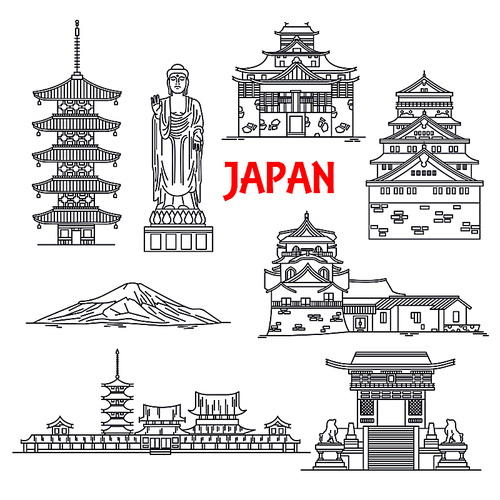 Architecture, religion and nature travel landmarks of Japan icon with mount Fuji, Ushiku Great Buddha, pagoda of Horyuji temple, imperial palace, Osaka castle, Kiyomizu-dera temple, Matsue castle and Toji temple. Thin line style