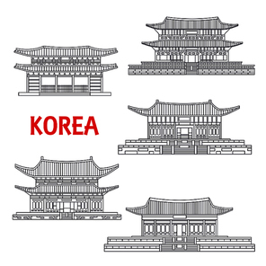 Korean five grand palaces of Joseon Dynasty thin line icons for travel or asian architecture theme design with Changdeok, Changgyeong, Deoksugung, Gyeongbokgung and Gyeonghuigung Palaces