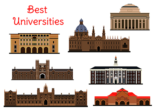National universities buildings icons for education and architecture design usage with flat symbols of Oxford, Harvard and Cambridge, Princeton, Yale and Stanford Universities and California Institute of Technology