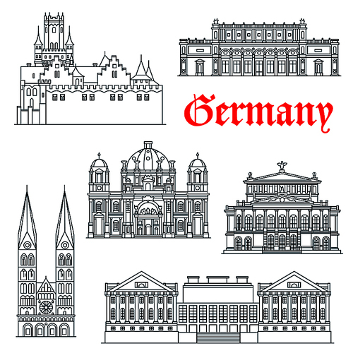 Most popular tourist attractions of german architecture icon with linear symbols of Berlin Cathedral and Alte Oper concert hall, St. Peter Cathedral and Marienburg Castle, Pergamon and Kunsthalle Museums. Travel design usage