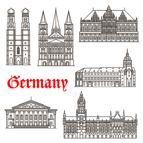 Famous german architectural travel landmarks thin line symbol with tourist attractions of Munich such as National Theatre and New Town Hall, St. Peter Church and Frauenkirche Cathedral also Bonn Cathedral and Bremen Town Hall