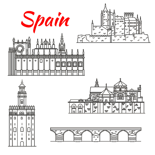 World architectural heritage of Spain linear icon of Fortress Alcazar, Roman bridge and Mosque-Cathedral of Cordoba, Cathedral and Golden Tower in Seville. Travel or vacation planning design usage