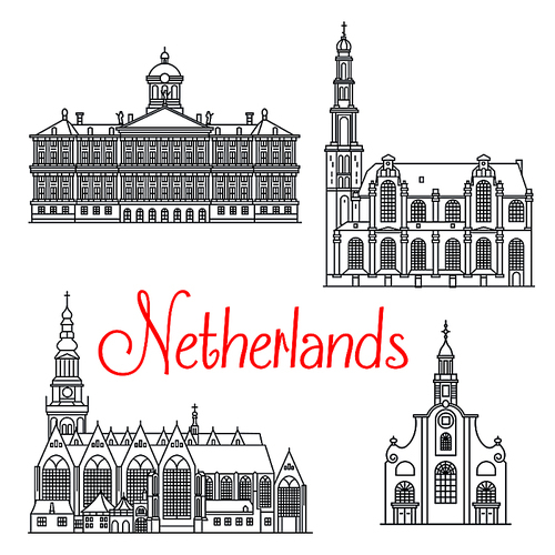 Historical and memorable travel landmark icons of Netherlands. Dutch royal palace in Amsterdam and oude kerk old church, Westerkerk and the old or pilgrim fathers church