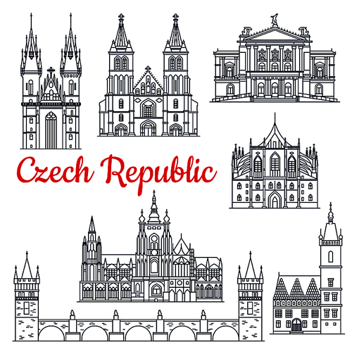 Czech republic thin line travel historical landmarks. Charles bridge on Vltava and Church of mother of God or our Lady before Tyn, metropolitan cathedral of Saints Vitus, Wenceslaus and Adalbert, Prague State Opera, St. Barbaras Church,Town Hall