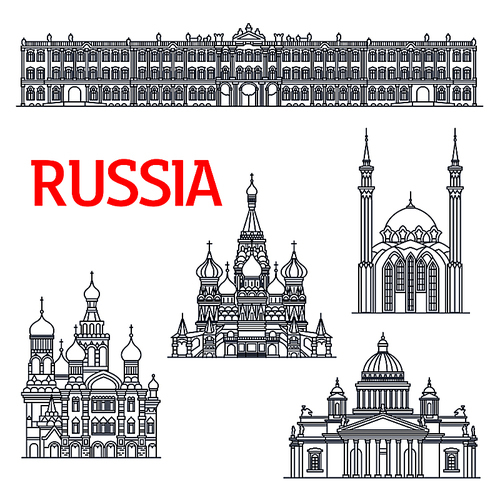 Thin line landmarks for tourism or travel in Russia. Sketch of Winter Palace and Saint Isaac s orthodox Cathedral or Isaakievskiy Sobor in Saint Petersburg, Church of the Savior on Spilled Blood and Saint Basil s or Vasily, Pokrovsky Cathedral