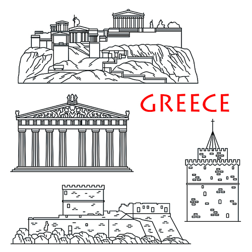 Ancient greek travel landmarks thin line icon with citadel Acropolis of Athens, temple of goddess Athena Parthenon, Palace of the Grand Master of the Knights of Rhodes and White Tower of Thessaloniki