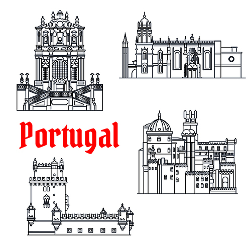 Portuguese architectural landmarks and tourist sights symbol with thin line Hieronymites Monastery and Tower of St Vincent, Pena Palace and Clerigos Church. Travel design