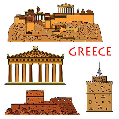 Famous architectural heritages of Greece icon with colored linear Acropolis of Athens with temple of goddess Athena Parthenon, medieval gothic castle of the Knights of Rhodes and White Tower museum of Thessaloniki