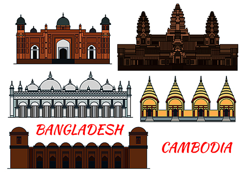 Angkor Wat Ancient temple in Cambodia thin line icon with ornate Star Mosque, fortified complex Lalbagh Fort, muslim Sixty Dome Mosque and hindu Dhakeshwari National Temple in Bangladesh. Travel theme