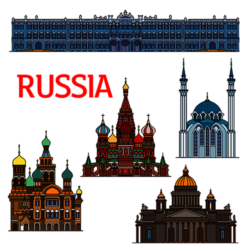 Famous travel landmarks of Russia linear icon of ornamental orthodox Cathedral of Vasily the Blessed and Church of the Savior on Spilled Blood, Saint IsaacCathedral, Winter Palace, Qolsharif Mosque