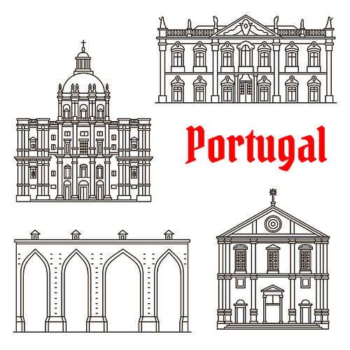Portuguese tourist attractions of Lisbon thin line symbol with historic Aqueduct of the Free Waters, Church of Saint Roch, rococo Palace of Queluz and Church of Santa Engracia. European travel design