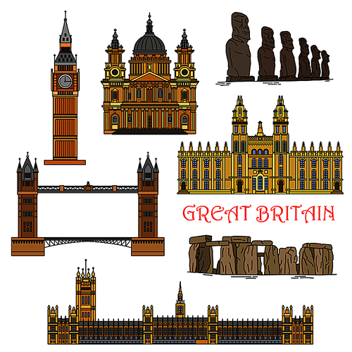 Popular travel landmarks of Great Britain and Chile icon with colorful Windsor Castle, Big Ben, Tower Bridge, St Paul Cathedral, prehistoric monuments of Stonehenge and statues of Easter Island