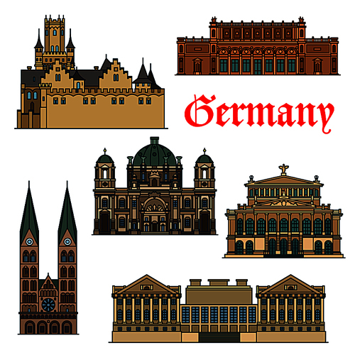 Cultural, religious and historical travel landmarks of Germany icon with thin line Berlin and St. Peter Cathedrals, Alte Oper Concert Hall, gothic Marienburg Castle, Pergamon and Kunsthalle museums