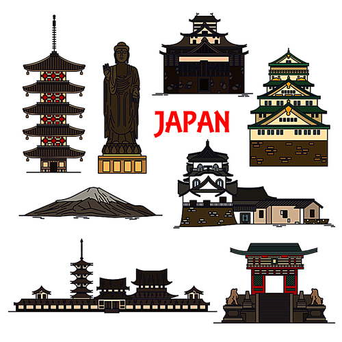 Japanese travel landmarks linear icon with sacred mount Fuji, Great Buddha statue in Ushiku, Tokyo Imperial palace, pagoda of Horyuji temple, Osaka Castle, deva gate of Kiyomizu-dera temple, Matsue castle and Toji temple