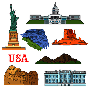 USA travel landmarks of culture, history and nature thin line icon with the statue of Liberty, Grand Canyon, United States Capitol, Niagara falls, Rushmore National Memorial and Rocky Mountains
